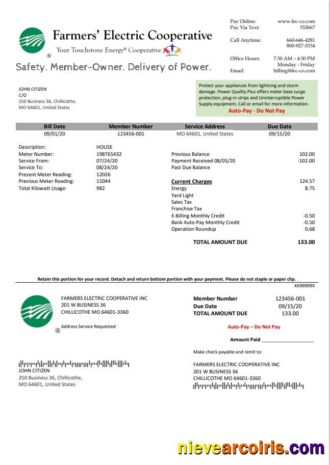 USA Ohio Farmer’s Electric Cooperative utility bill